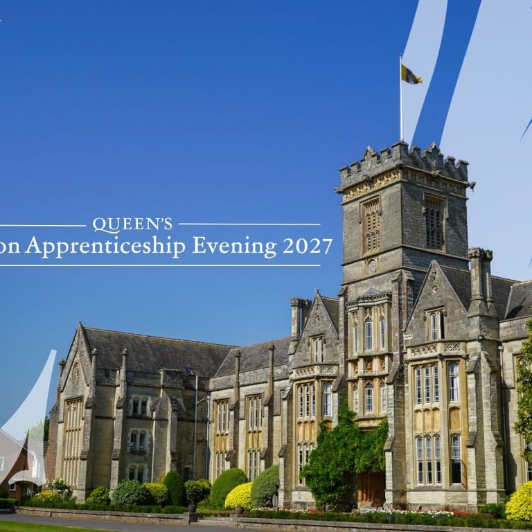 Queen's College main campus building with Taunton Apprenticeship Evening 2027 banner graphic